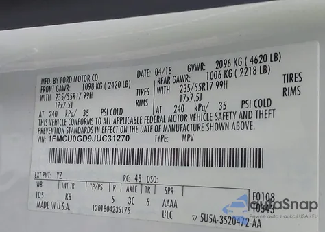 2018 Ford Escape Se z USA, uszkodzony, nr VIN 1FMCU0GD9JUC31270